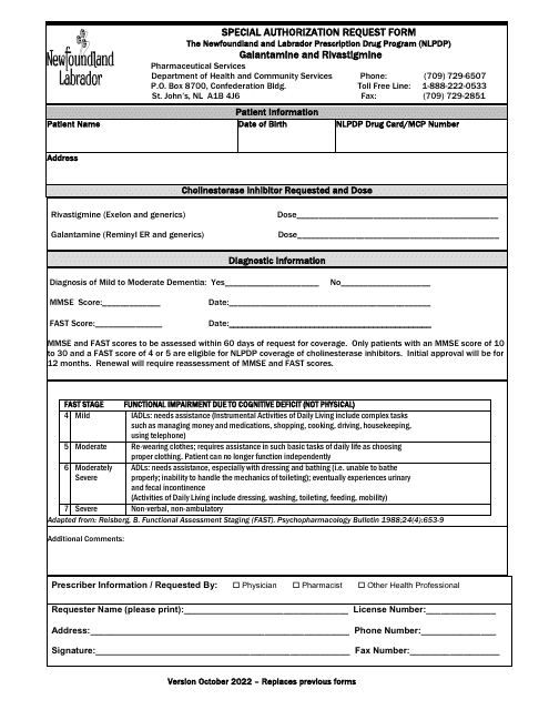 Special Authorization Request Form - Galantamine and Rivastigmine - Newfoundland and Labrador, Canada Download Pdf