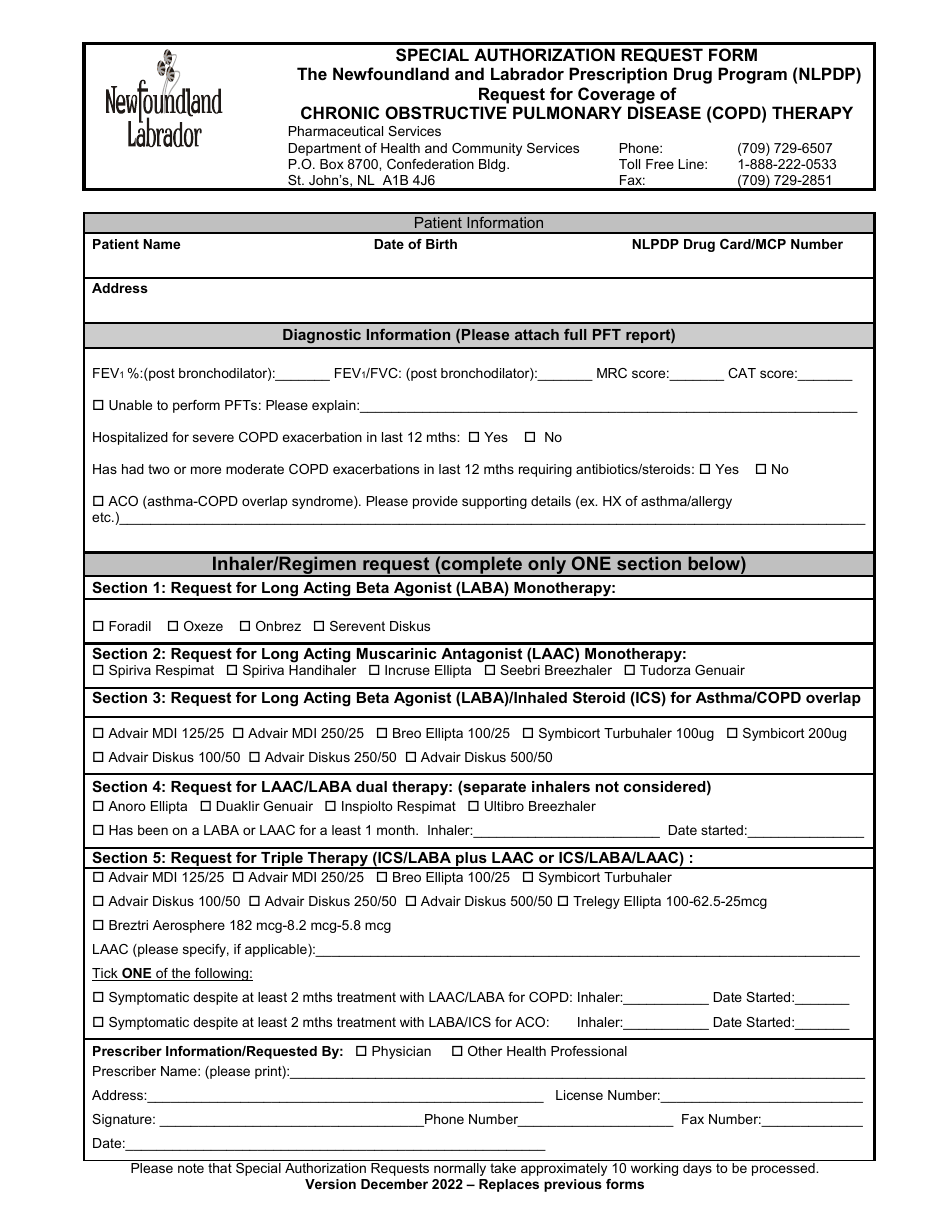 Special Authorization Request Form - Chronic Obstructive Pulmonary Disease (Copd) Therapy - Northwest Territories, Canada, Page 1