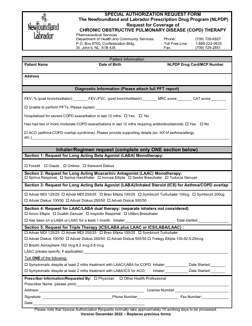Special Authorization Request Form - Chronic Obstructive Pulmonary Disease (Copd) Therapy - Northwest Territories, Canada Download Pdf