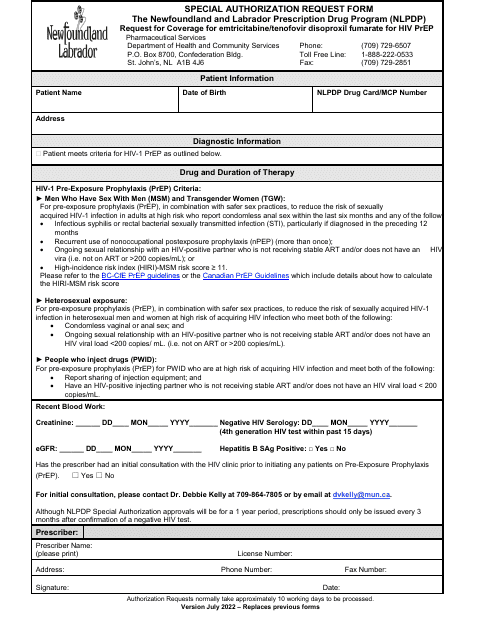 Special Authorization Request Form - HIV Pre-exposure Prophylaxis - Newfoundland and Labrador, Canada Download Pdf