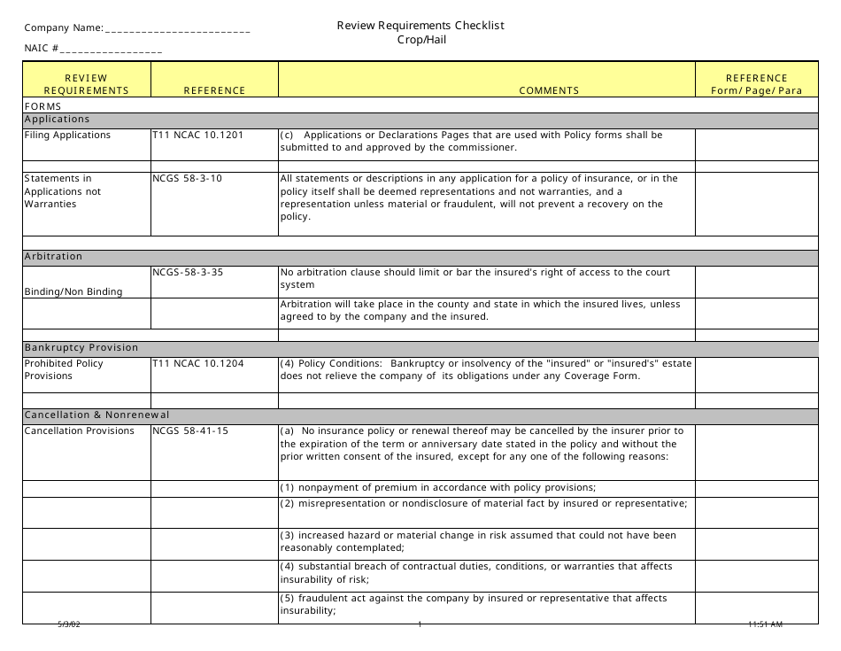 Review Requirements Checklist - Crop / Hail - North Carolina, Page 1
