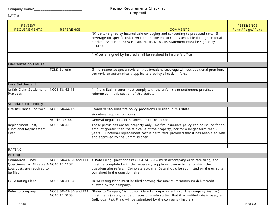 Review Requirements Checklist - Crop / Hail - North Carolina, Page 7