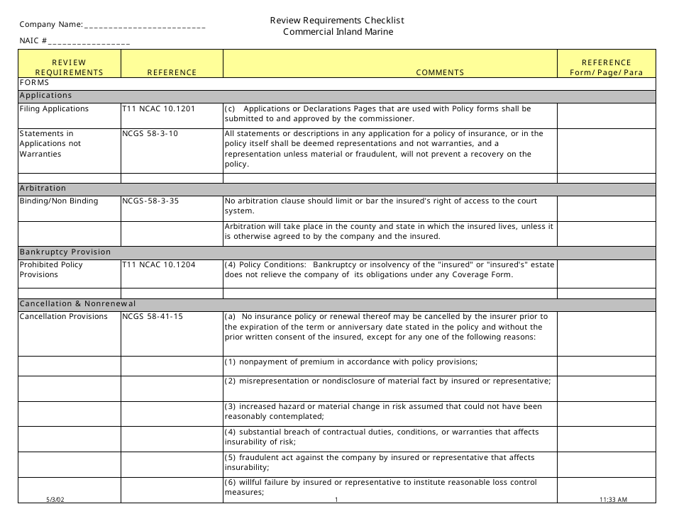 Review Requirements Checklist - Commercial Inland Marine - North Carolina, Page 1