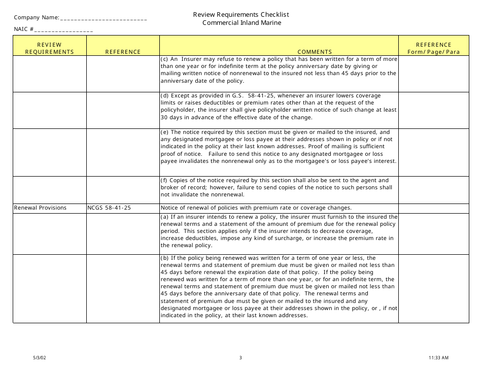 Review Requirements Checklist - Commercial Inland Marine - North Carolina, Page 3