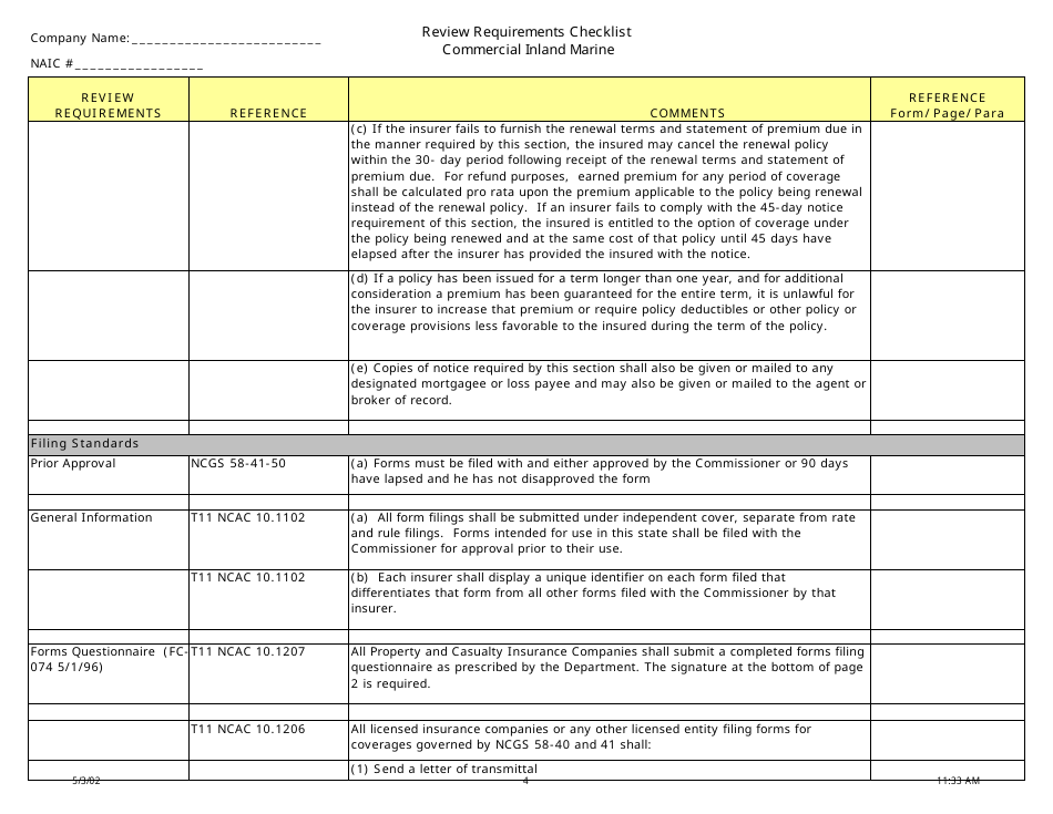 Review Requirements Checklist - Commercial Inland Marine - North Carolina, Page 4