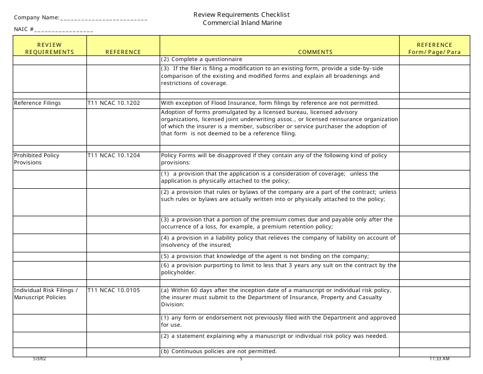 North Carolina Review Requirements Checklist Commercial Inland Marine
