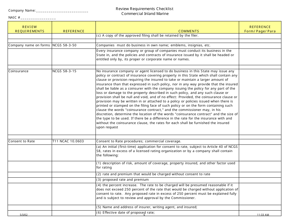 Review Requirements Checklist - Commercial Inland Marine - North Carolina, Page 6