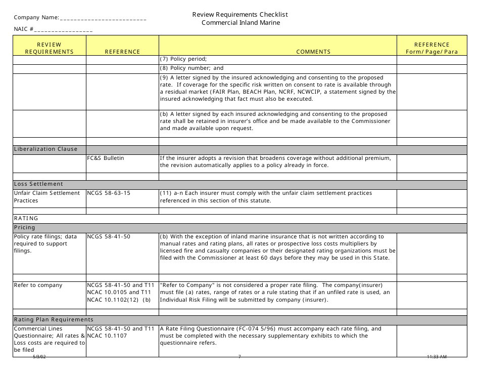 North Carolina Review Requirements Checklist - Commercial Inland Marine ...