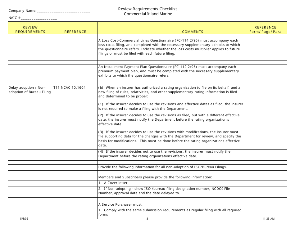 North Carolina Review Requirements Checklist Commercial Inland Marine