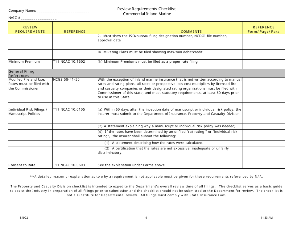 Review Requirements Checklist - Commercial Inland Marine - North Carolina, Page 9