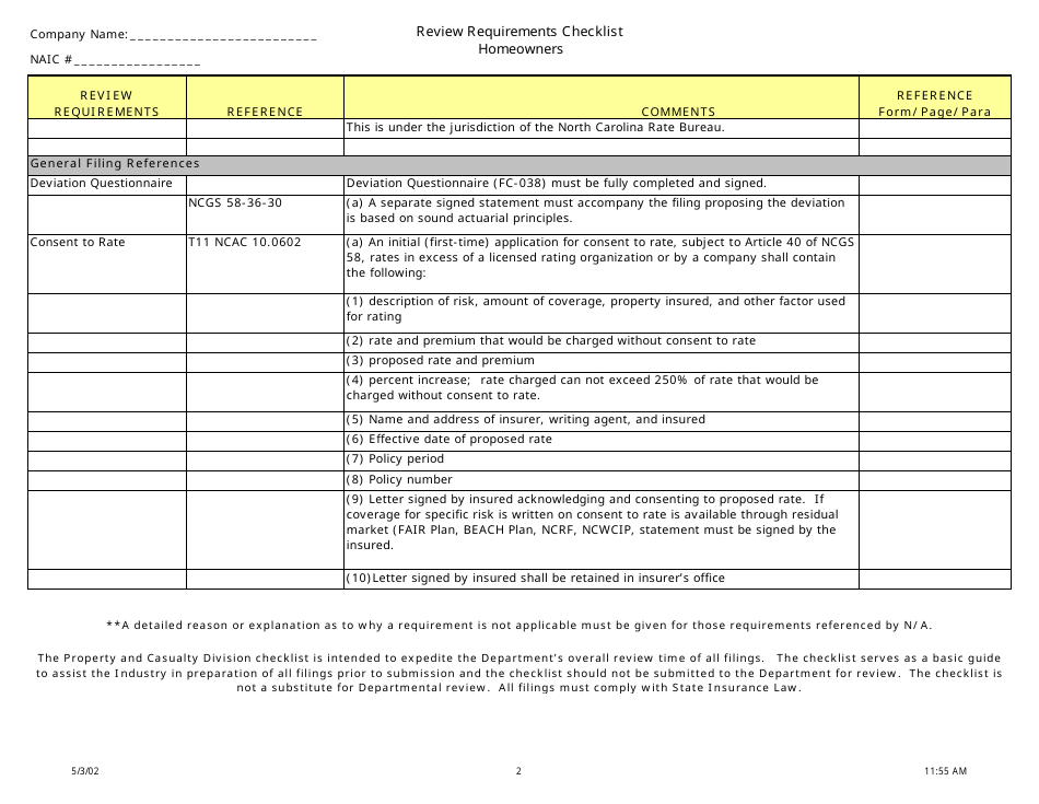 North Carolina Review Requirements Checklist - Homeowners - Fill Out ...