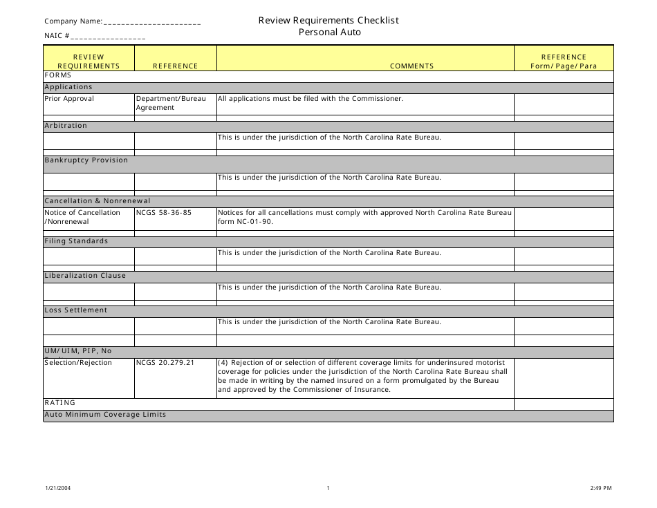 Review Requirements Checklist - Personal Auto - North Carolina, Page 1