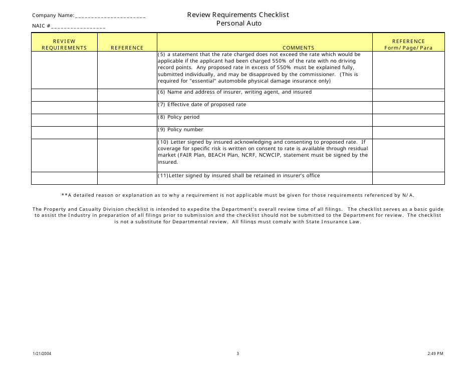 North Carolina Review Requirements Checklist Personal Auto Fill Out