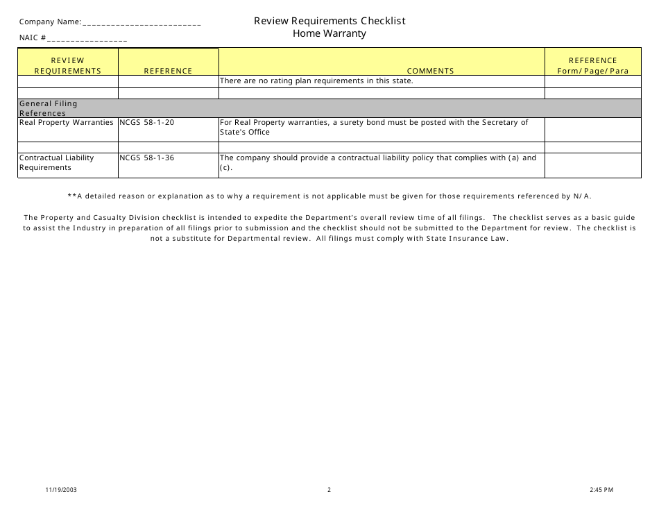 Review Requirements Checklist - Home Warranty - North Carolina, Page 2