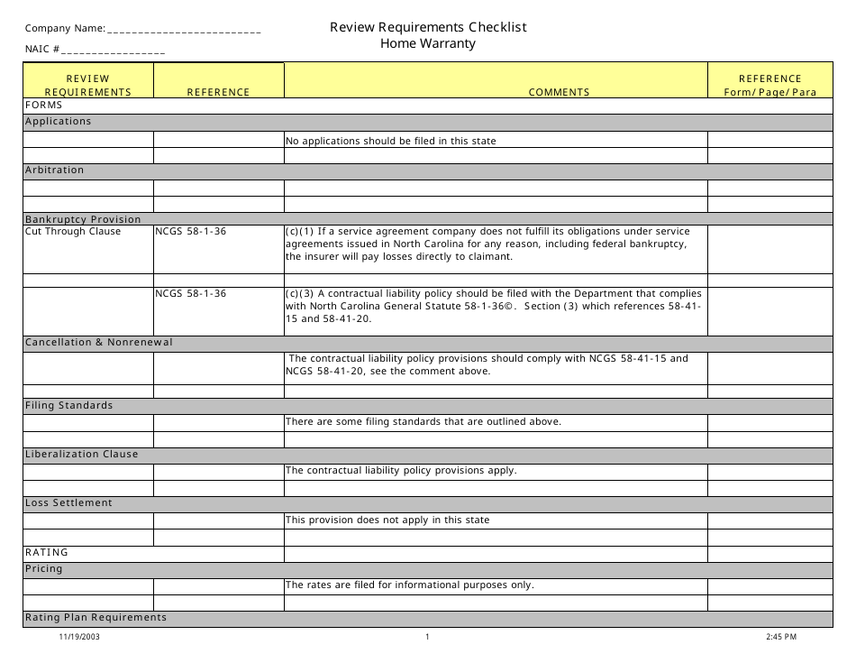 North Carolina Review Requirements Checklist Home Warranty Fill Out, Sign Online and