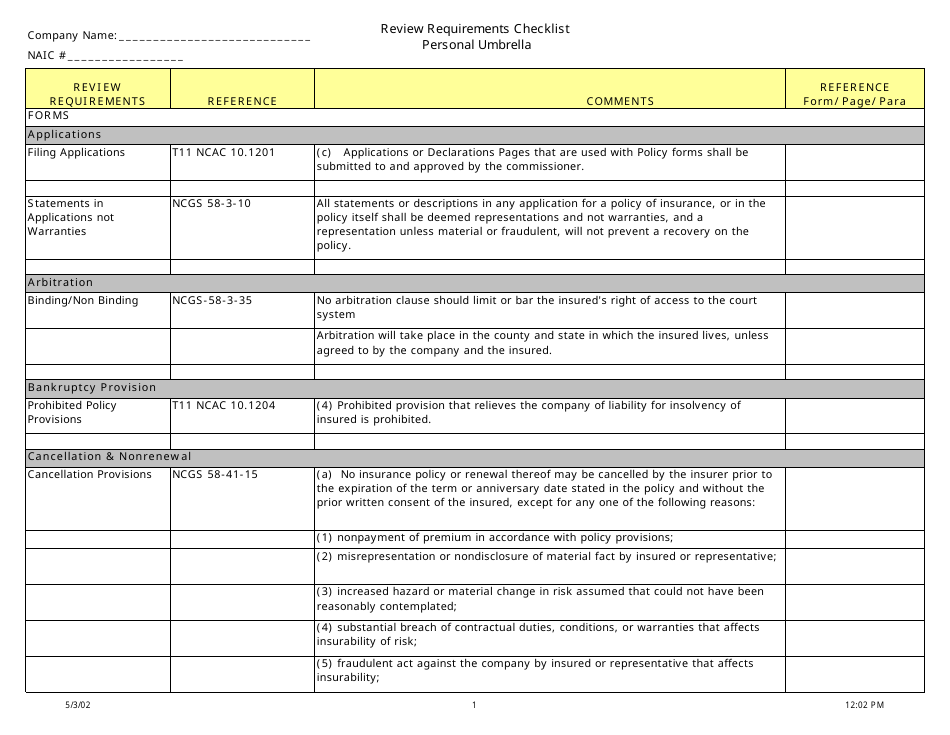 Review Requirements Checklist - Personal Umbrella - North Carolina, Page 1