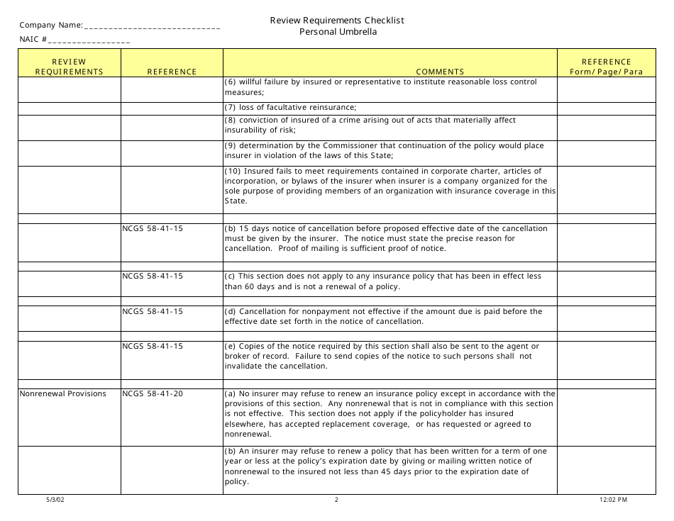 Review Requirements Checklist - Personal Umbrella - North Carolina, Page 2