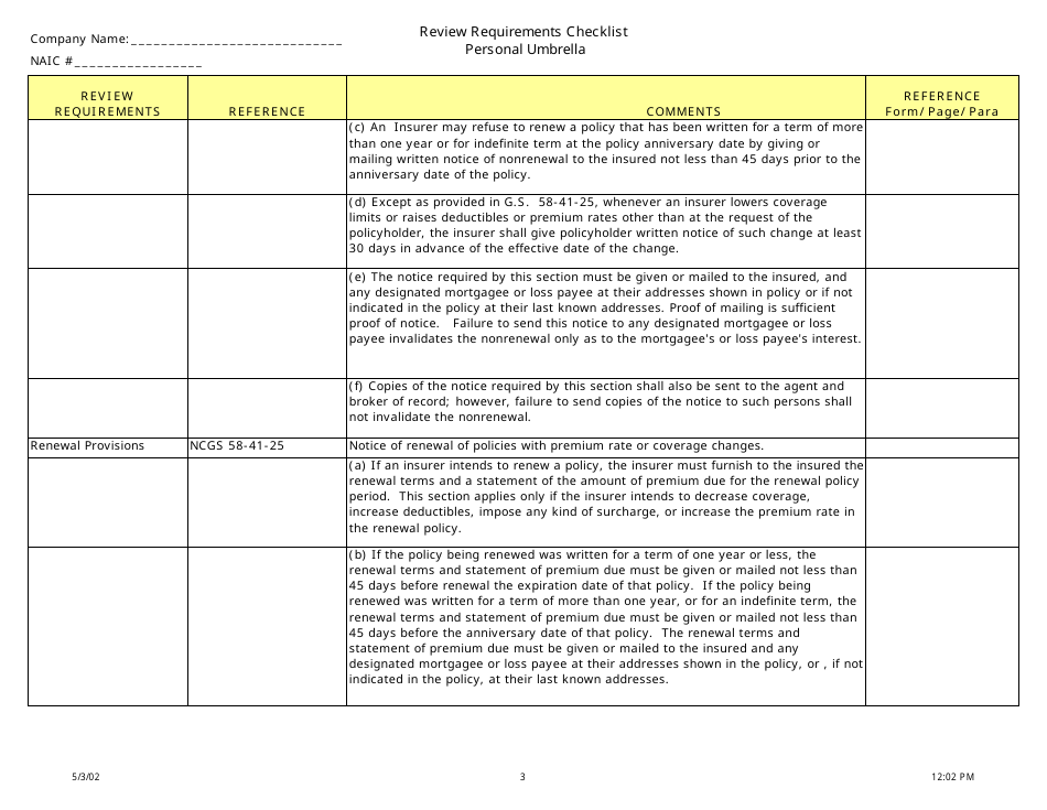 Review Requirements Checklist - Personal Umbrella - North Carolina, Page 3