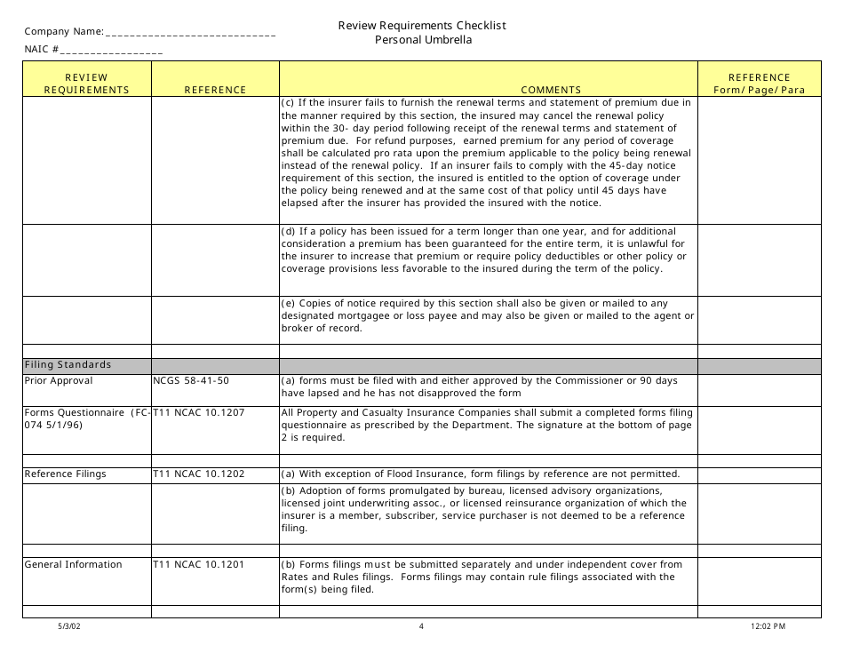 Review Requirements Checklist - Personal Umbrella - North Carolina, Page 4