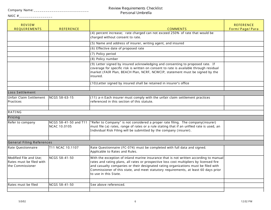 Review Requirements Checklist - Personal Umbrella - North Carolina, Page 6