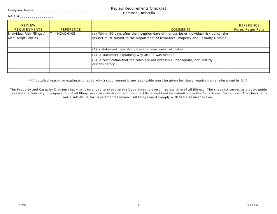 Review Requirements Checklist - Personal Umbrella - North Carolina, Page 7