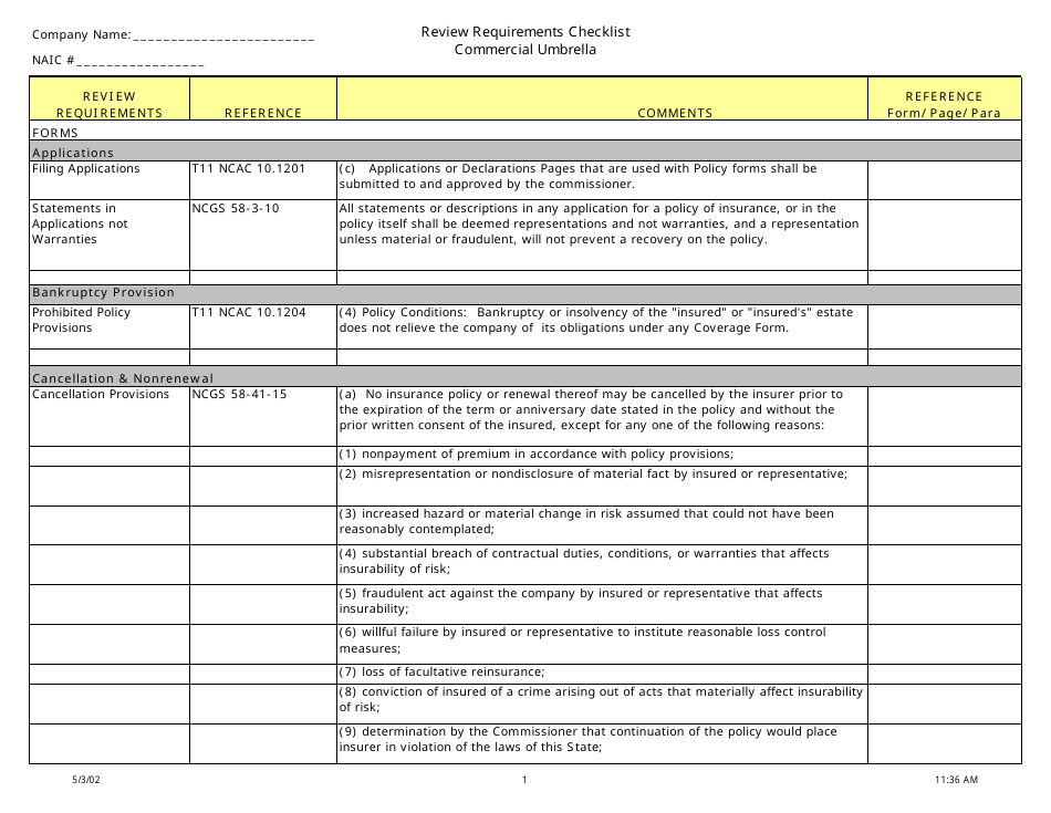 Review Requirements Checklist - Commercial Umbrella - North Carolina, Page 1