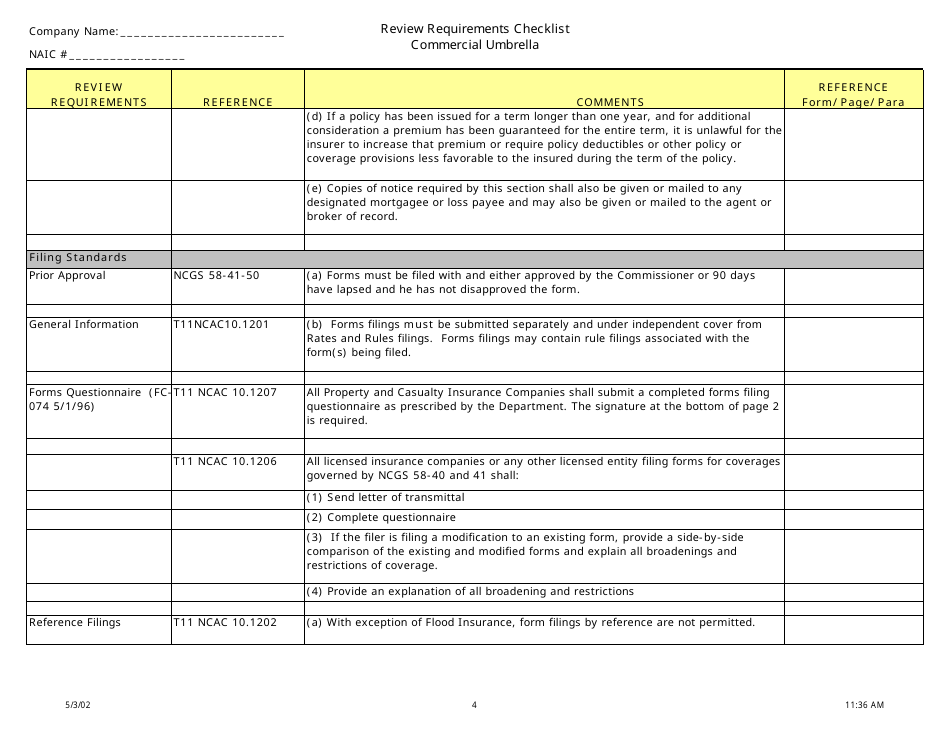Review Requirements Checklist - Commercial Umbrella - North Carolina, Page 4
