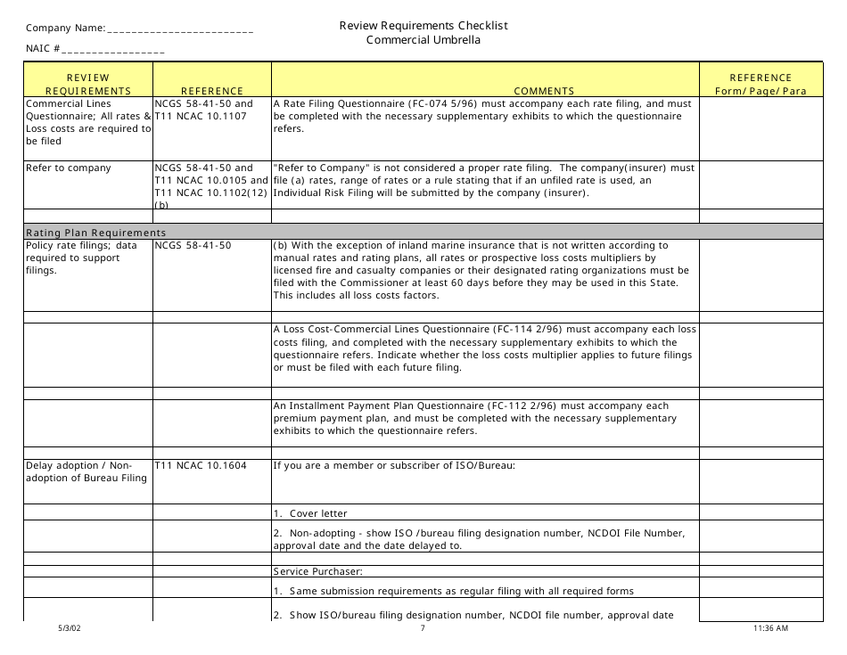 Review Requirements Checklist - Commercial Umbrella - North Carolina, Page 7