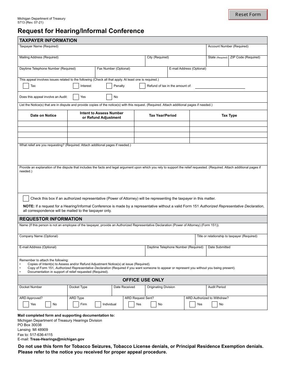 Form 5713 Request for Hearing / Informal Conference - Michigan, Page 1