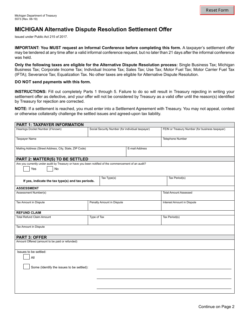 Form 5573 Michigan Alternative Dispute Resolution Settlement Offer - Michigan, Page 1