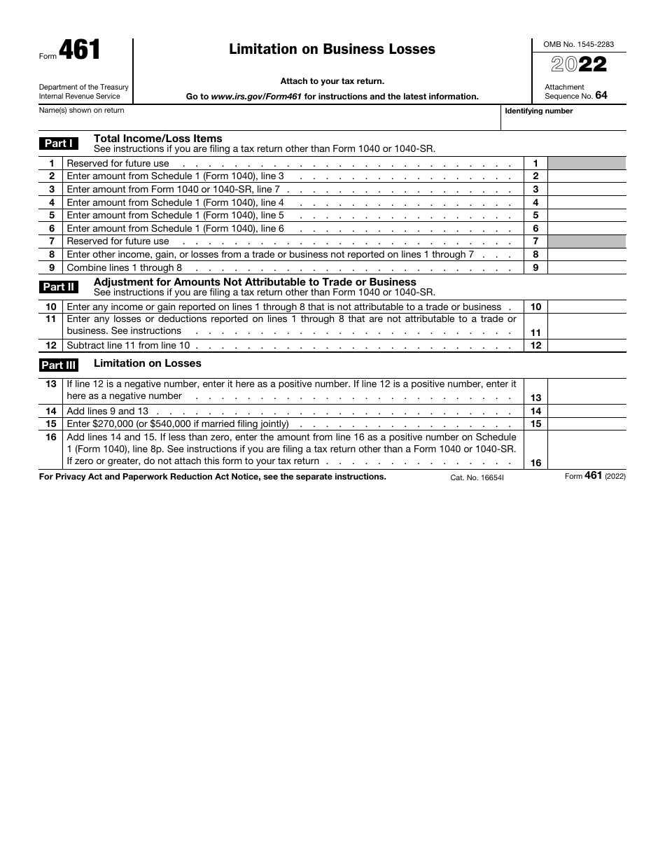 IRS Form 461 Limitation on Business Losses, Page 1
