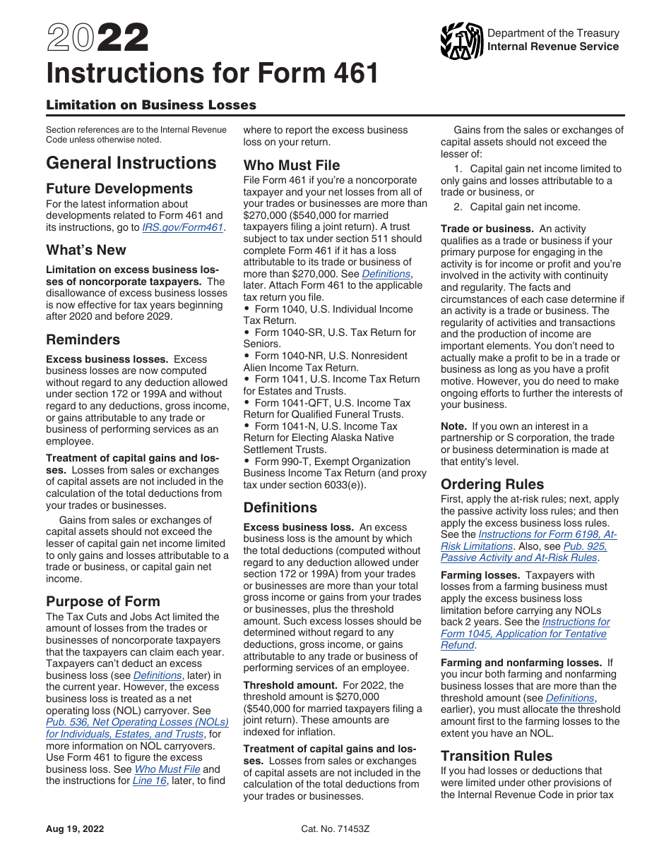 Instructions for IRS Form 461 Limitation on Business Losses, Page 1