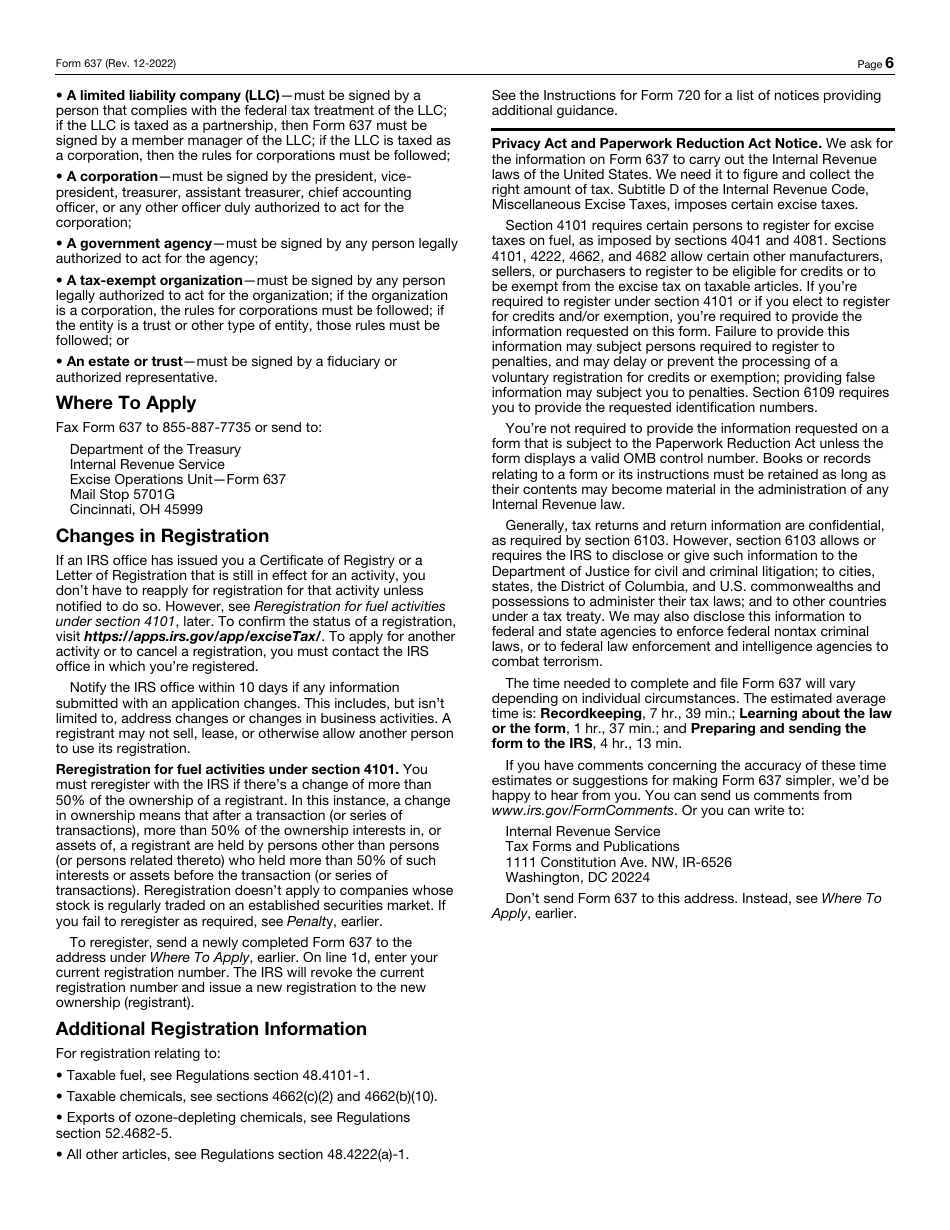 IRS Form 637 Application for Registration (For Certain Excise Tax Activities), Page 6