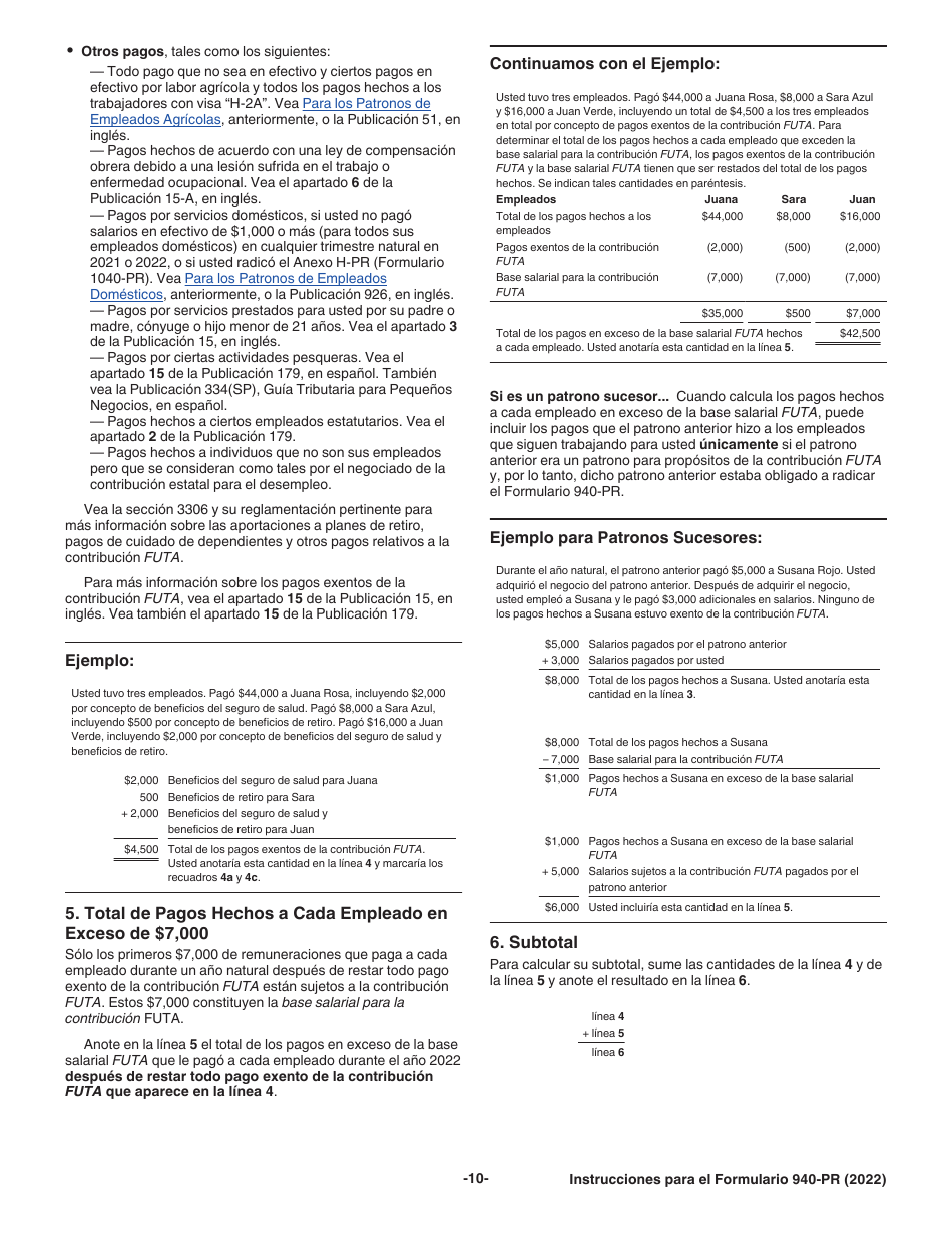 Instrucciones para IRS Formulario 940-PR Planilla Para La Declaracion Federal Anual Del Patrono De La Contribucion Federal Para El Desempleo (Futa) (Puerto Rican Spanish), Page 10
