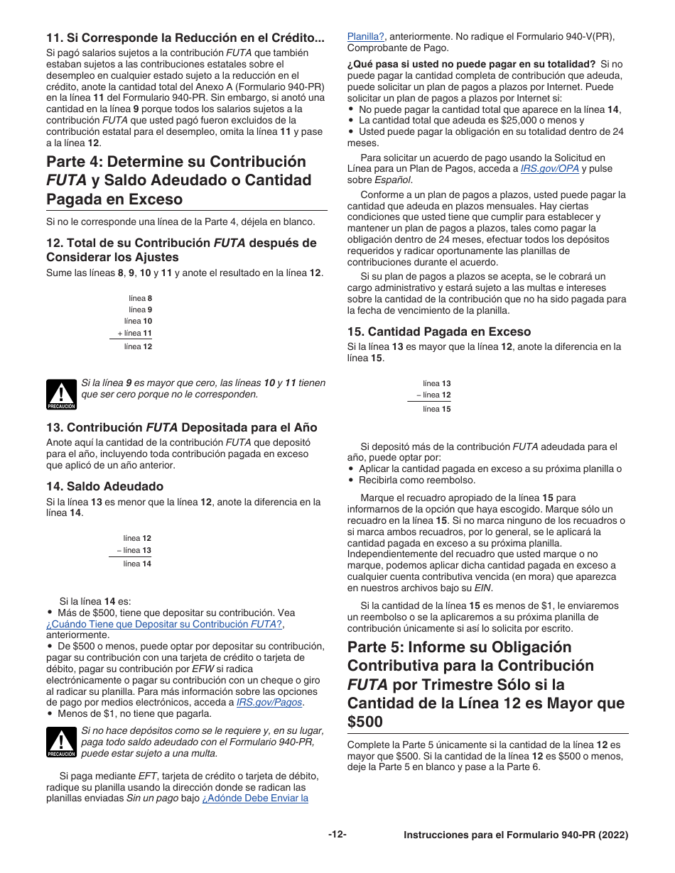 Instrucciones para IRS Formulario 940-PR Planilla Para La Declaracion Federal Anual Del Patrono De La Contribucion Federal Para El Desempleo (Futa) (Puerto Rican Spanish), Page 12
