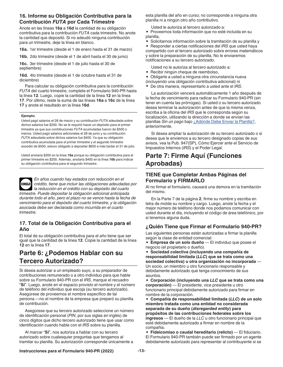 Instrucciones para IRS Formulario 940-PR Planilla Para La Declaracion Federal Anual Del Patrono De La Contribucion Federal Para El Desempleo (Futa) (Puerto Rican Spanish), Page 13