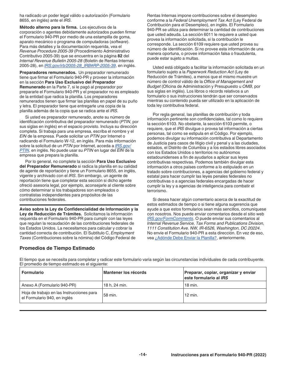 Instrucciones para IRS Formulario 940-PR Planilla Para La Declaracion Federal Anual Del Patrono De La Contribucion Federal Para El Desempleo (Futa) (Puerto Rican Spanish), Page 14