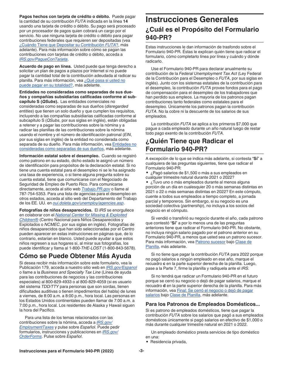 Instrucciones para IRS Formulario 940-PR Planilla Para La Declaracion Federal Anual Del Patrono De La Contribucion Federal Para El Desempleo (Futa) (Puerto Rican Spanish), Page 3