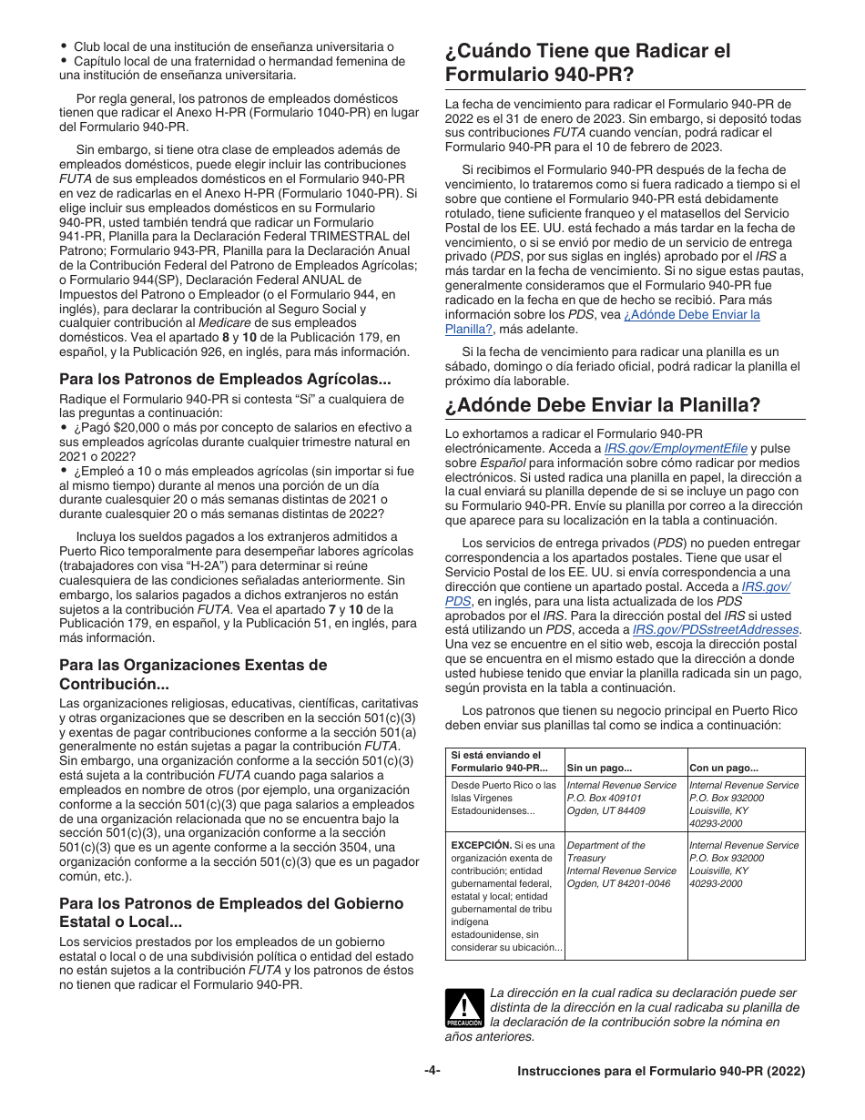Instrucciones para IRS Formulario 940-PR Planilla Para La Declaracion Federal Anual Del Patrono De La Contribucion Federal Para El Desempleo (Futa) (Puerto Rican Spanish), Page 4