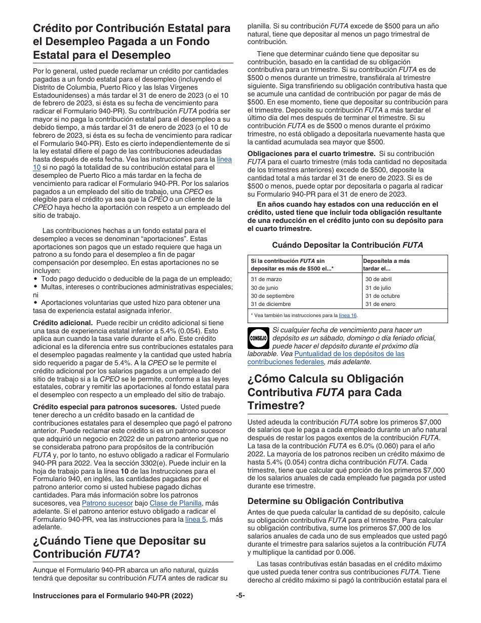 Instrucciones para IRS Formulario 940-PR Planilla Para La Declaracion Federal Anual Del Patrono De La Contribucion Federal Para El Desempleo (Futa) (Puerto Rican Spanish), Page 5