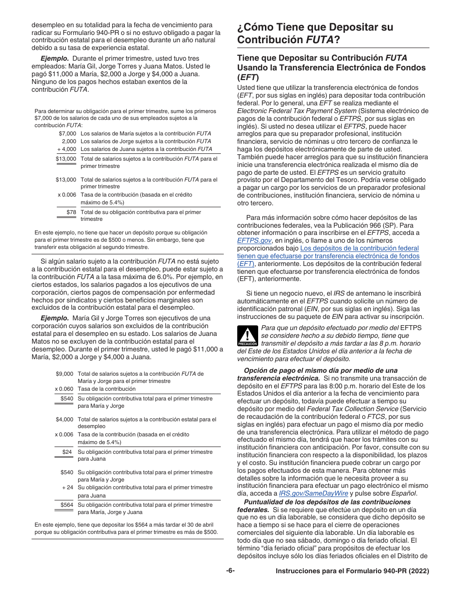 Instrucciones para IRS Formulario 940-PR Planilla Para La Declaracion Federal Anual Del Patrono De La Contribucion Federal Para El Desempleo (Futa) (Puerto Rican Spanish), Page 6