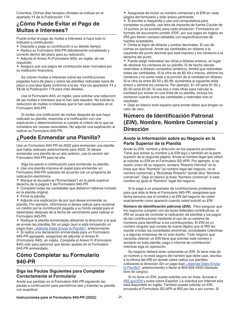 Instrucciones para IRS Formulario 940-PR Planilla Para La Declaracion Federal Anual Del Patrono De La Contribucion Federal Para El Desempleo (Futa) (Puerto Rican Spanish), Page 7
