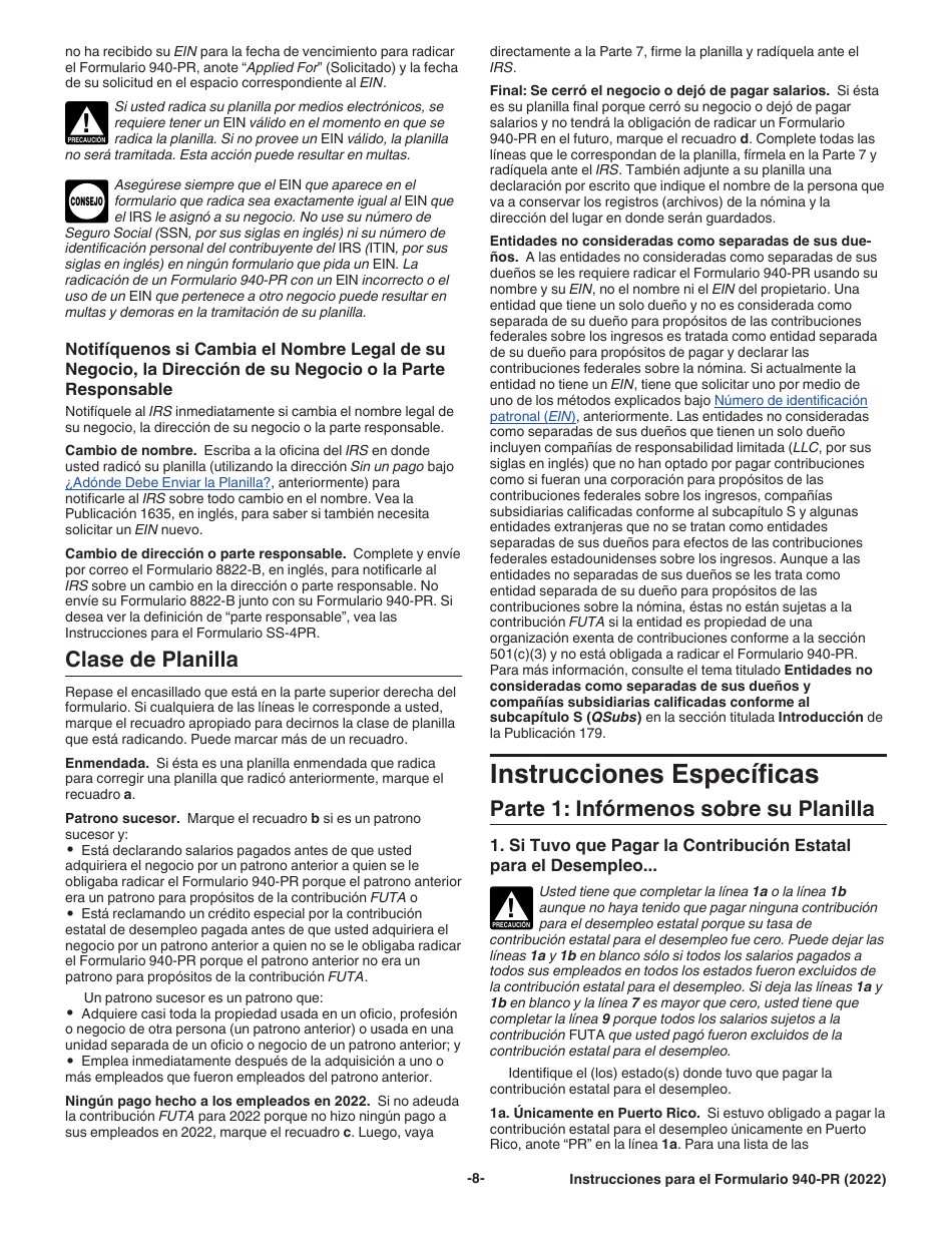 Instrucciones para IRS Formulario 940-PR Planilla Para La Declaracion Federal Anual Del Patrono De La Contribucion Federal Para El Desempleo (Futa) (Puerto Rican Spanish), Page 8