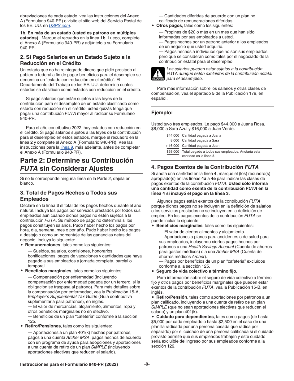 Instrucciones para IRS Formulario 940-PR Planilla Para La Declaracion Federal Anual Del Patrono De La Contribucion Federal Para El Desempleo (Futa) (Puerto Rican Spanish), Page 9