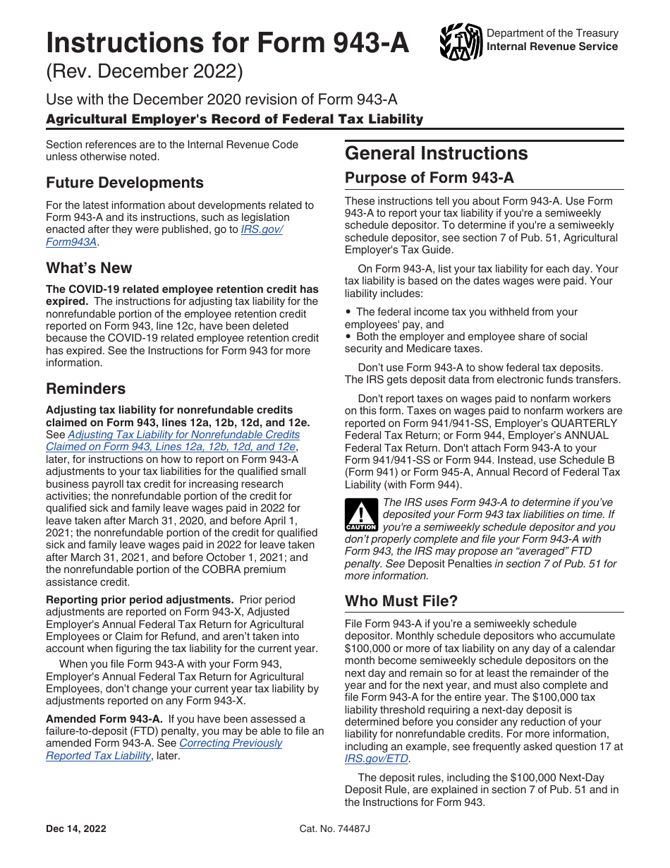 Instructions for IRS Form 943-A Agricultural Employers Record of Federal Tax Liability, Page 1