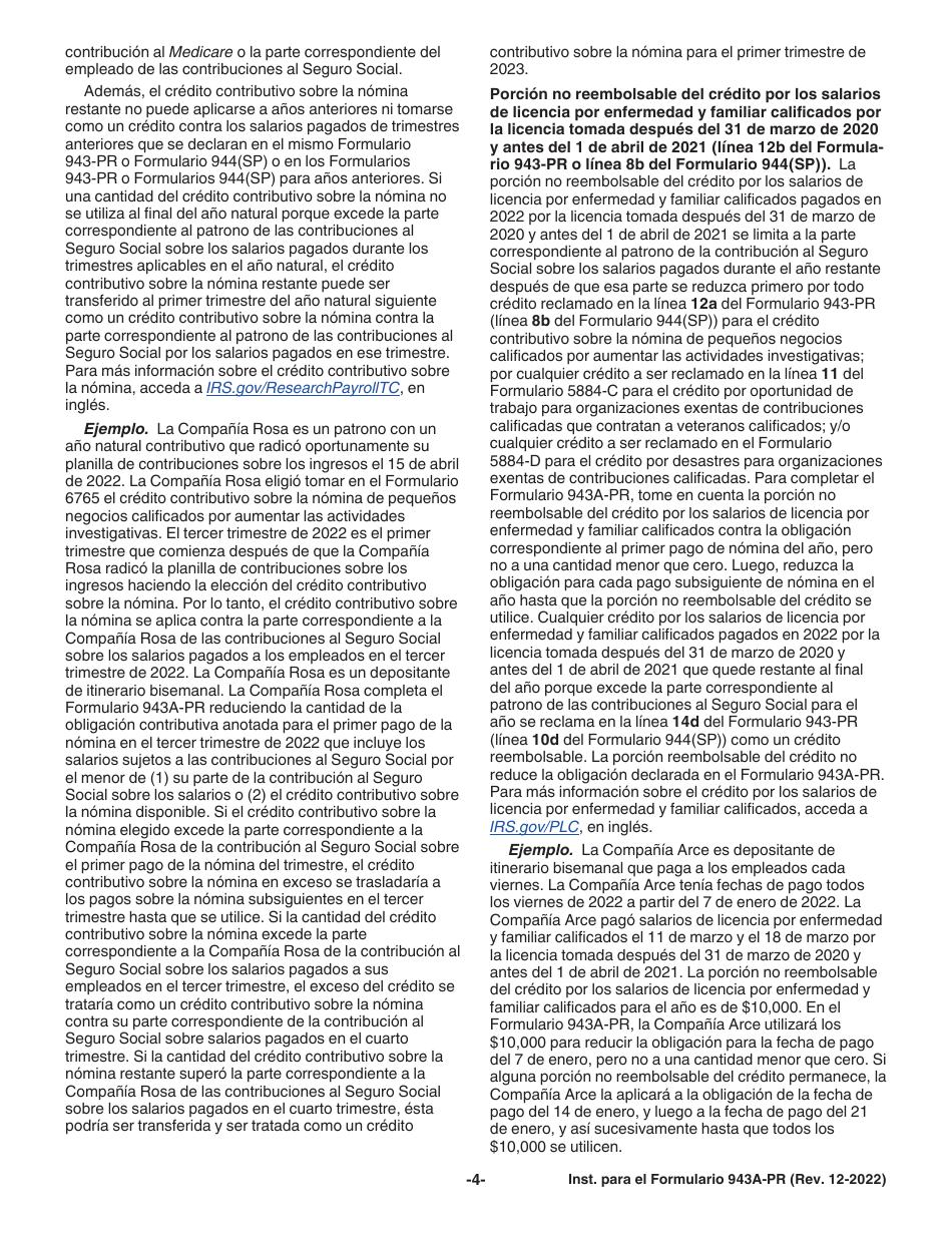 Instrucciones para IRS Formulario 943A-PR Registro De La Obligacion Contributiva Federal Del Patrono Agricola (Puerto Rican Spanish), Page 4