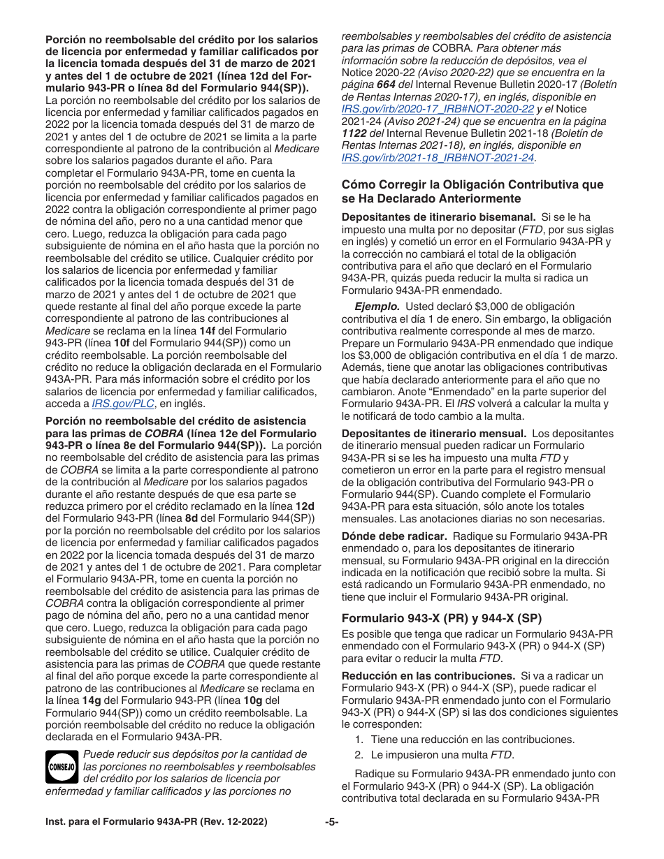 Instrucciones para IRS Formulario 943A-PR Registro De La Obligacion Contributiva Federal Del Patrono Agricola (Puerto Rican Spanish), Page 5