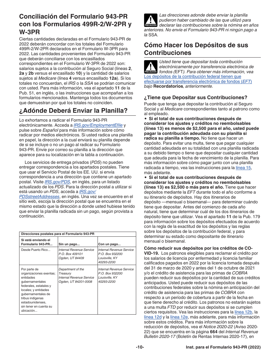 Instrucciones para IRS Formulario 943-PR Planilla Para La Declaracion Anual De La Contribucion Federal Del Patrono De Empleados Agricolas (Puerto Rican Spanish), Page 10