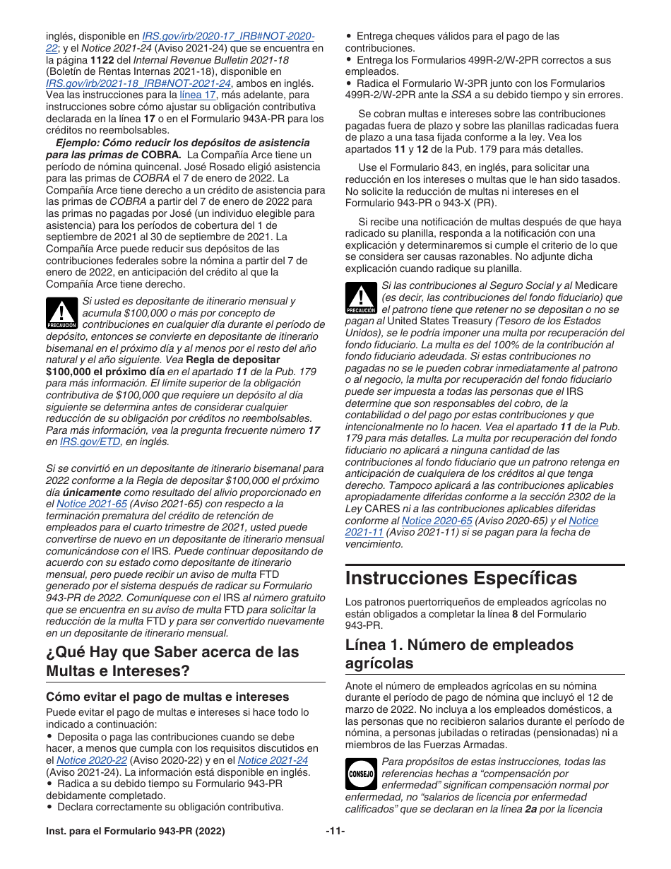 Instrucciones para IRS Formulario 943-PR Planilla Para La Declaracion Anual De La Contribucion Federal Del Patrono De Empleados Agricolas (Puerto Rican Spanish), Page 11