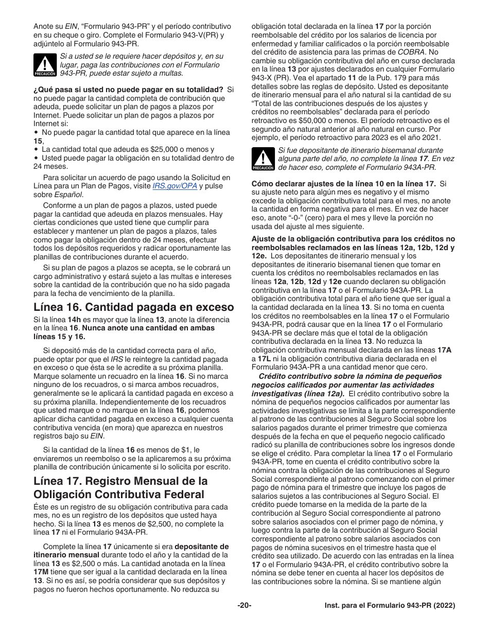 Instrucciones para IRS Formulario 943-PR Planilla Para La Declaracion Anual De La Contribucion Federal Del Patrono De Empleados Agricolas (Puerto Rican Spanish), Page 20